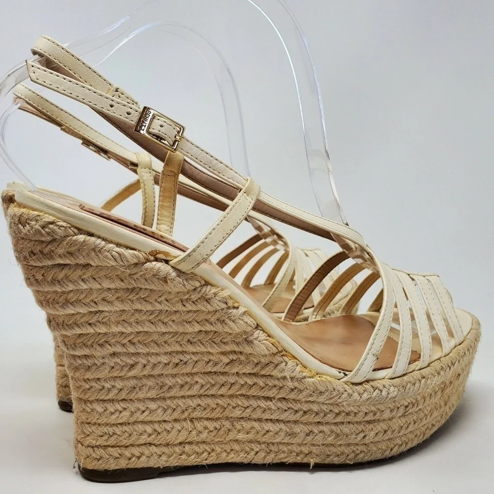Schutz Gianne Size 8 Leather Espadrille Platform Wedge Cage Sandal Cream